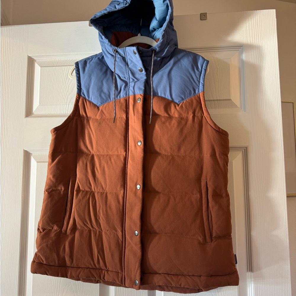 Patagonia Rust and Blue Hooded Puffer Bivy Vest